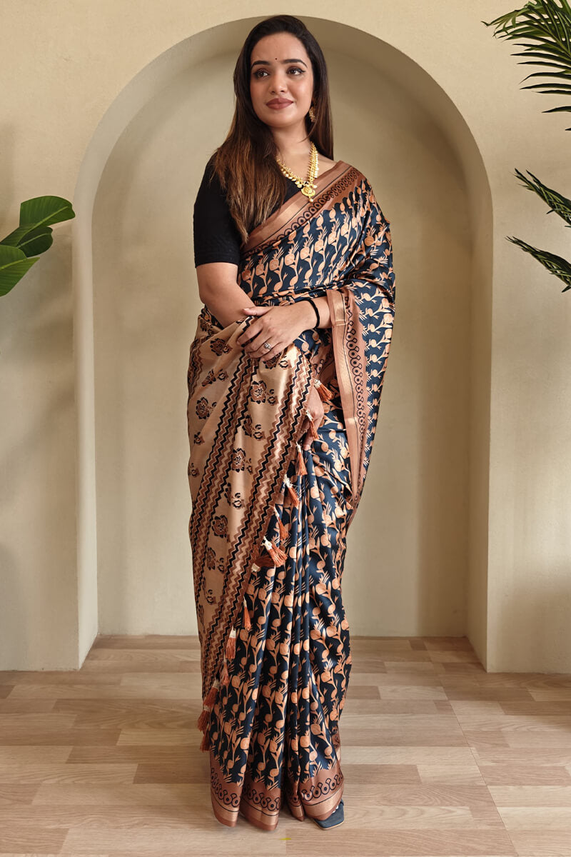 Petrichor Black Digital Printed Dola Silk Saree With Eclat Blouse Piece