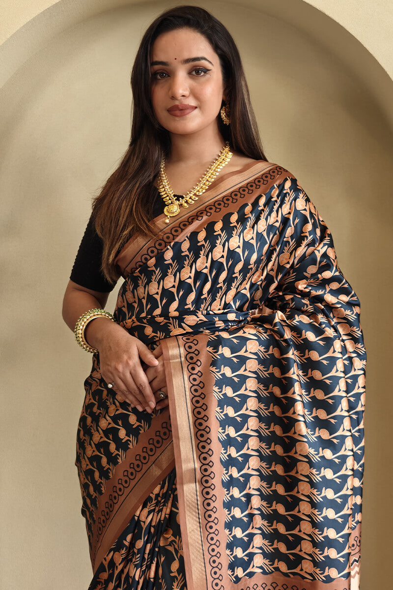 Petrichor Black Digital Printed Dola Silk Saree With Eclat Blouse Piece