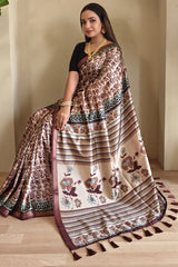 Surpassing Brown Digital Printed Dola Silk Saree With Efflorescence Blouse Piece