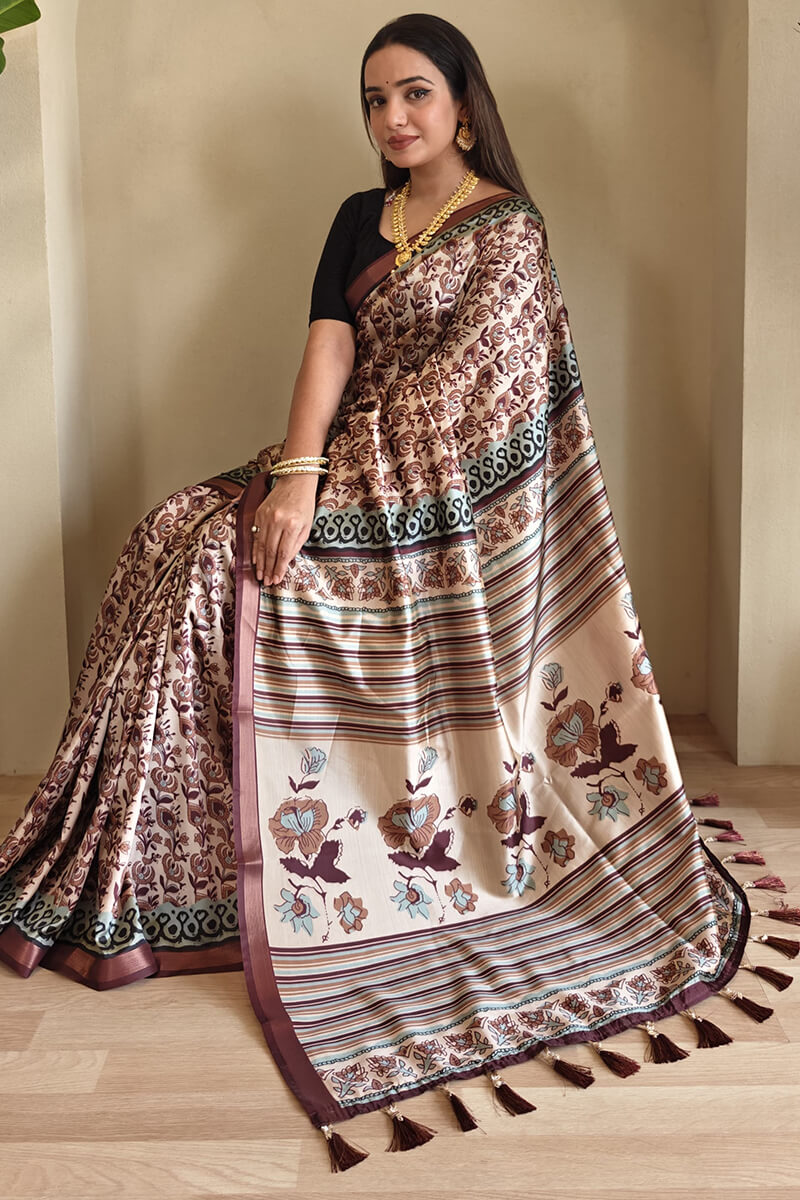 Surpassing Brown Digital Printed Dola Silk Saree With Efflorescence Blouse Piece
