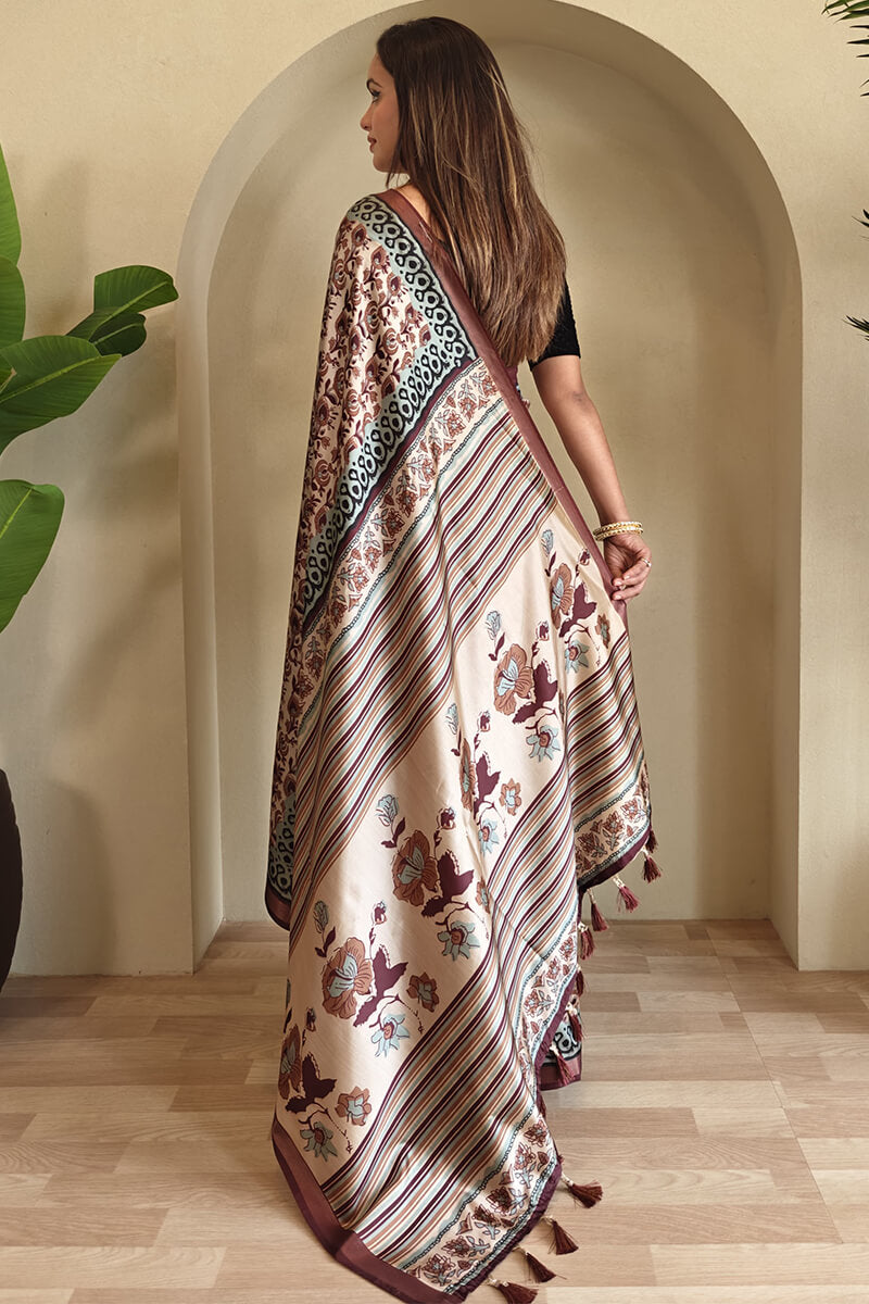 Surpassing Brown Digital Printed Dola Silk Saree With Efflorescence Blouse Piece