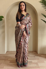 Surpassing Brown Digital Printed Dola Silk Saree With Efflorescence Blouse Piece