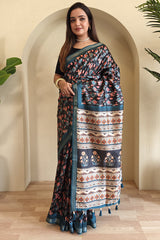 Prodigal Navy Blue Digital Printed Dola Silk Saree With Cynosure Blouse Piece