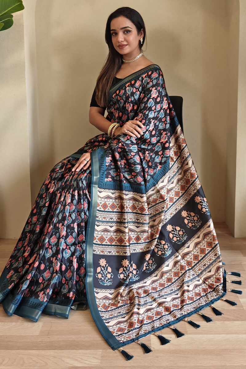Prodigal Navy Blue Digital Printed Dola Silk Saree With Cynosure Blouse Piece