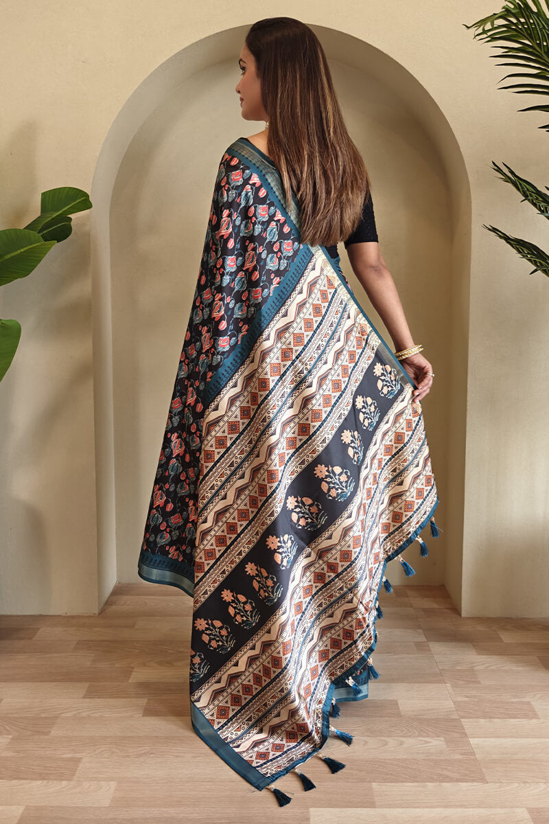 Prodigal Navy Blue Digital Printed Dola Silk Saree With Cynosure Blouse Piece