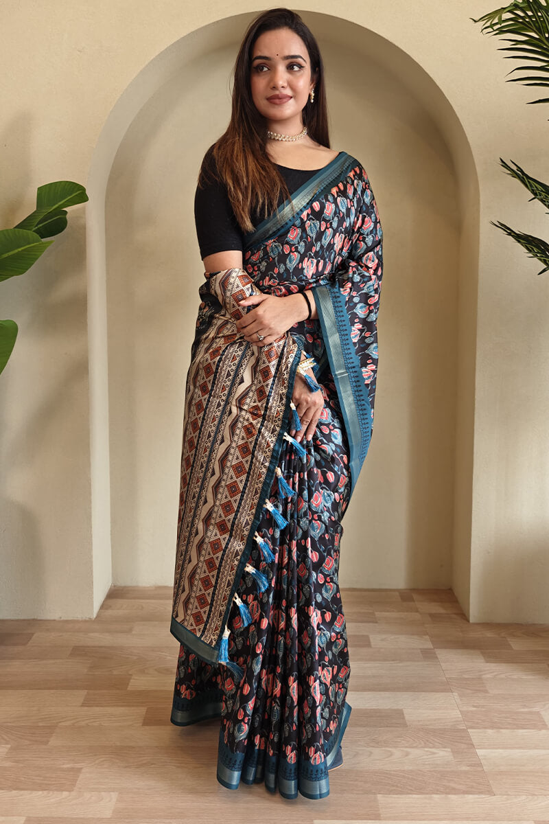 Prodigal Navy Blue Digital Printed Dola Silk Saree With Cynosure Blouse Piece