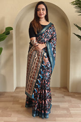 Prodigal Navy Blue Digital Printed Dola Silk Saree With Cynosure Blouse Piece