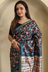 Prodigal Navy Blue Digital Printed Dola Silk Saree With Cynosure Blouse Piece