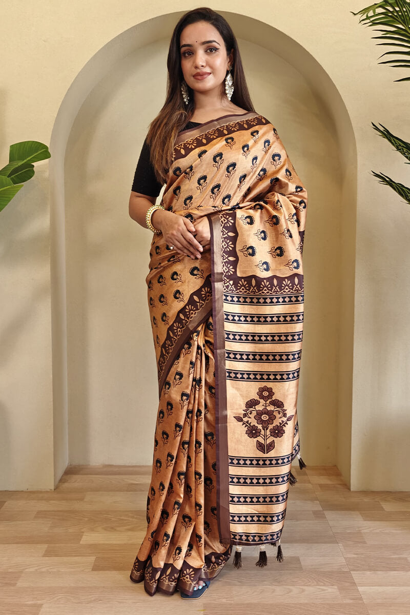 Inimitable Peach Digital Printed Dola Silk Saree With Scrupulous Blouse Piece