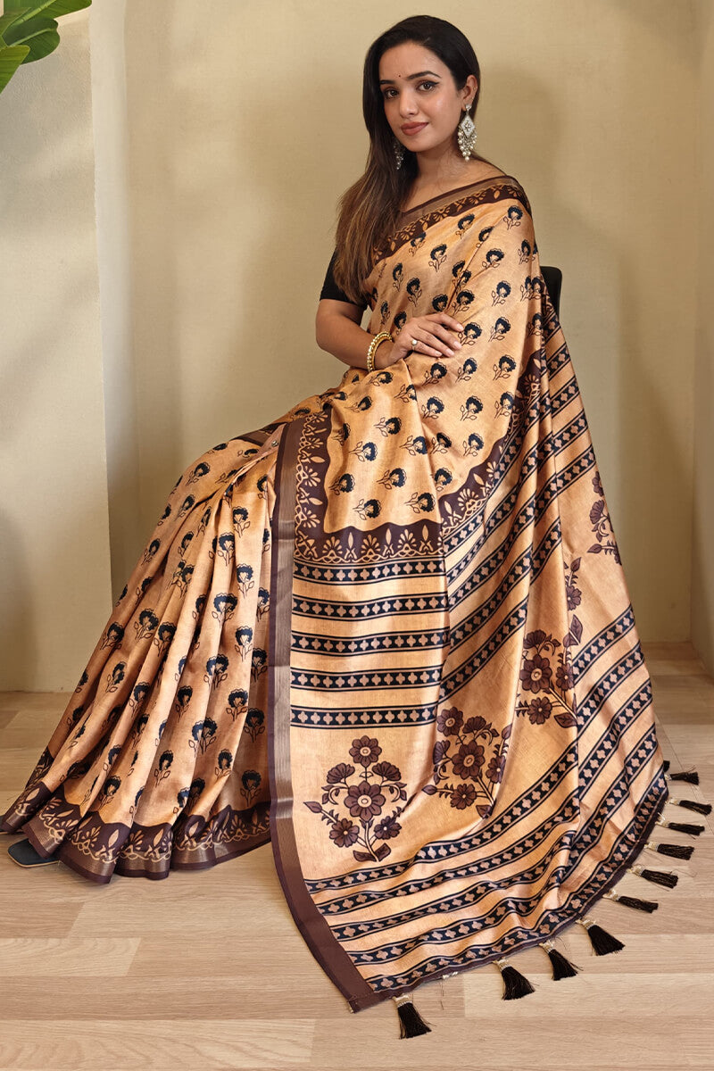 Inimitable Peach Digital Printed Dola Silk Saree With Scrupulous Blouse Piece