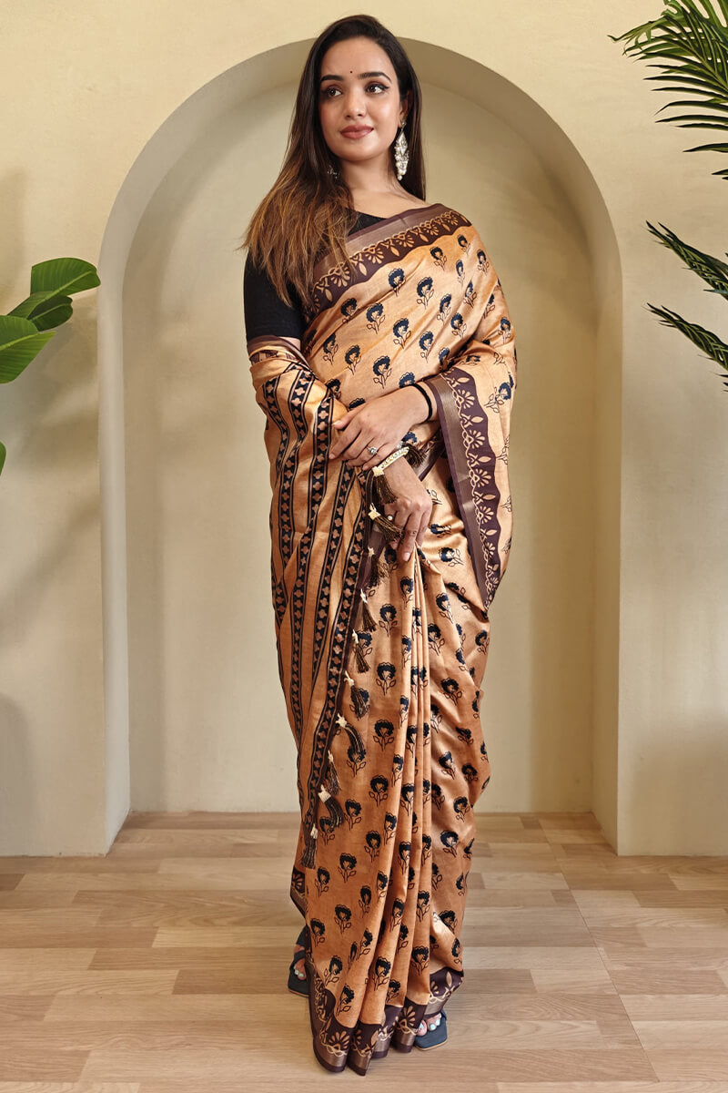 Inimitable Peach Digital Printed Dola Silk Saree With Scrupulous Blouse Piece