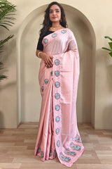 Intricate Baby Pink Embroidery Work Tussar Silk Saree With Sensational Blouse Piece