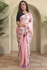 Intricate Baby Pink Embroidery Work Tussar Silk Saree With Sensational Blouse Piece