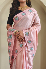 Intricate Baby Pink Embroidery Work Tussar Silk Saree With Sensational Blouse Piece