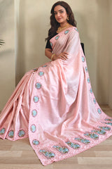 Intricate Baby Pink Embroidery Work Tussar Silk Saree With Sensational Blouse Piece