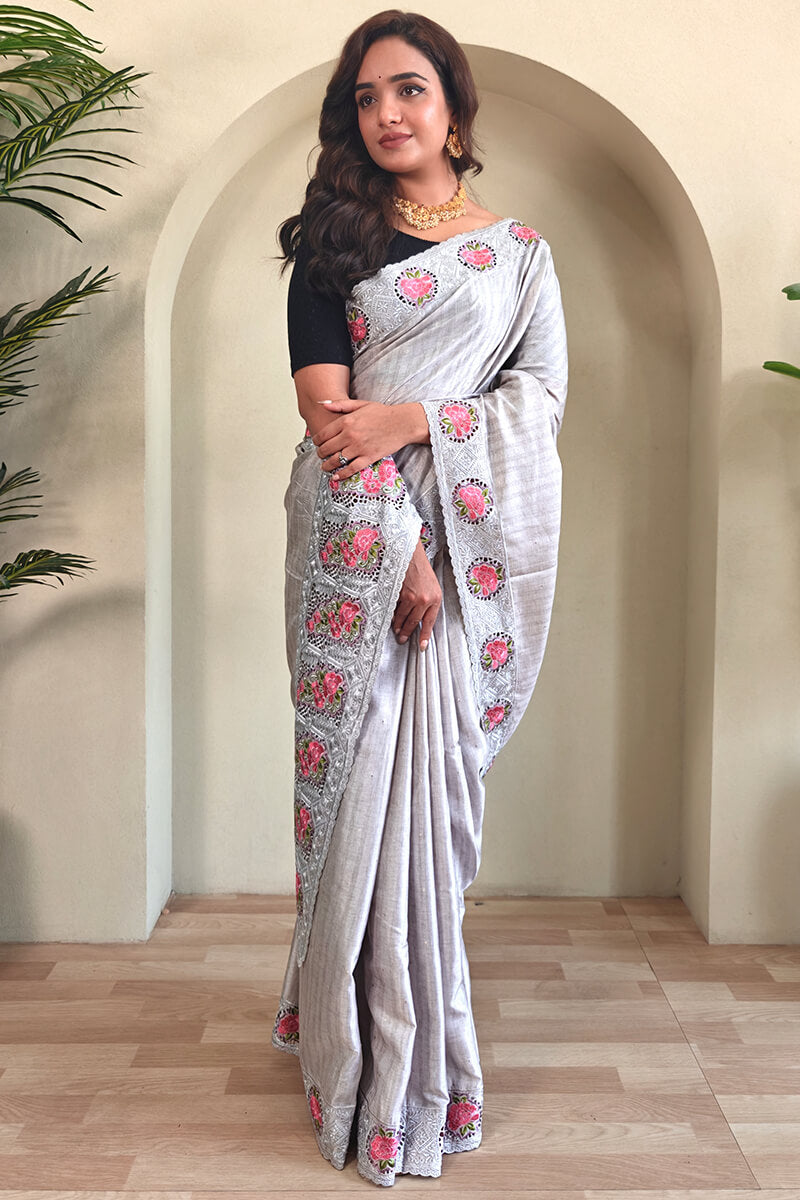 Winsome Grey Embroidery Work Tussar Silk Saree With Lissome Blouse Piece