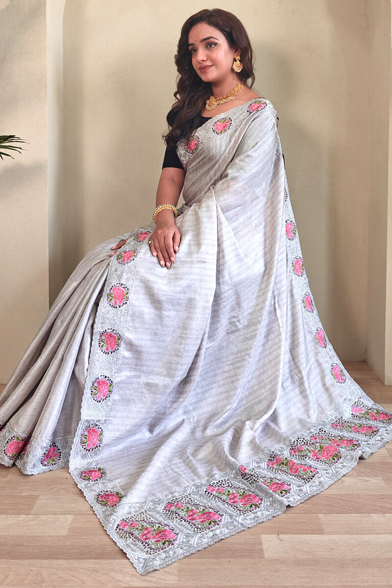 Winsome Grey Embroidery Work Tussar Silk Saree With Lissome Blouse Piece