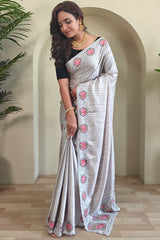 Winsome Grey Embroidery Work Tussar Silk Saree With Lissome Blouse Piece