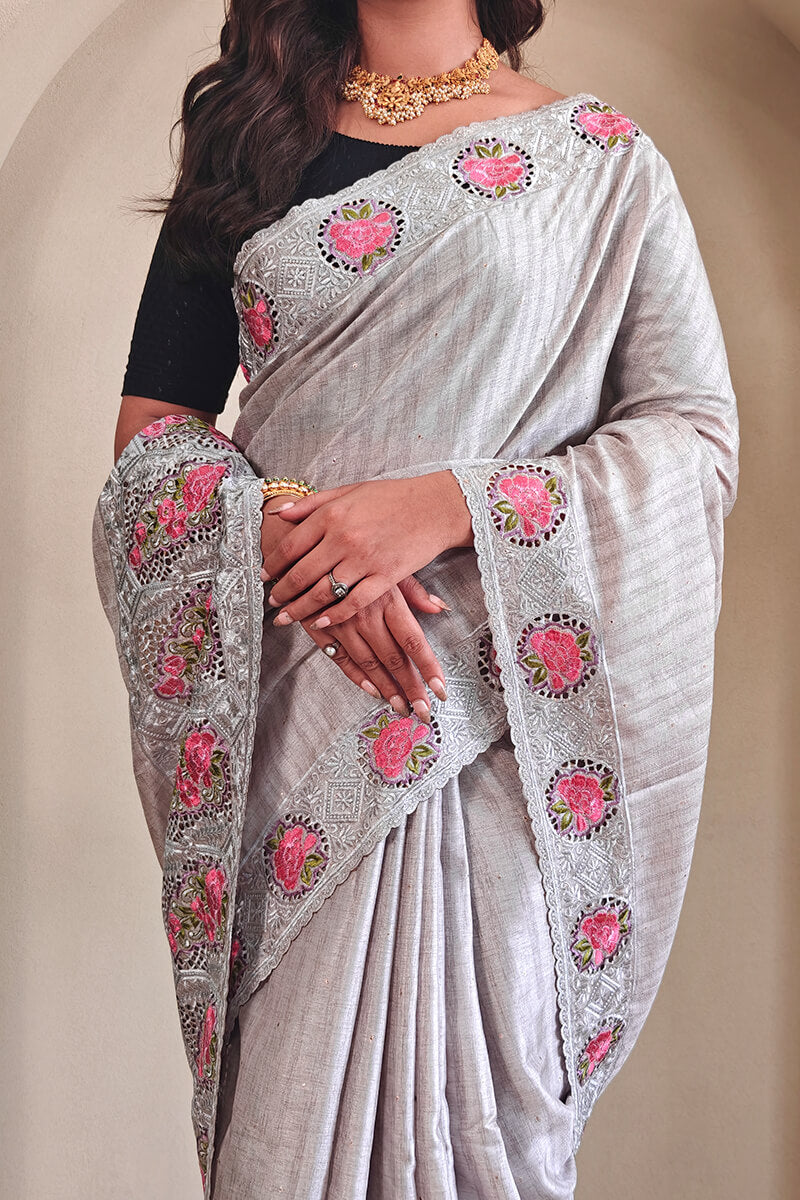 Winsome Grey Embroidery Work Tussar Silk Saree With Lissome Blouse Piece