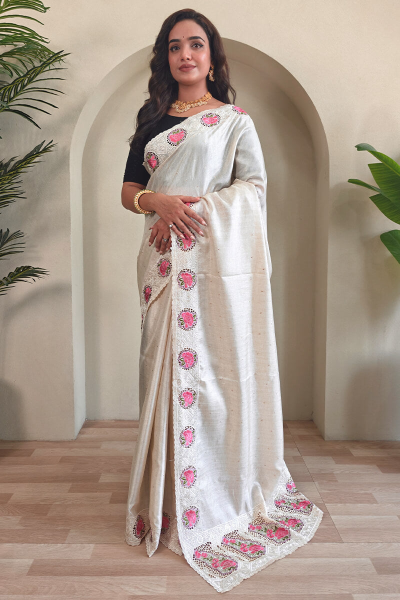 Surpassing Off White Embroidery Work Tussar Silk Saree With Dissemble Blouse Piece
