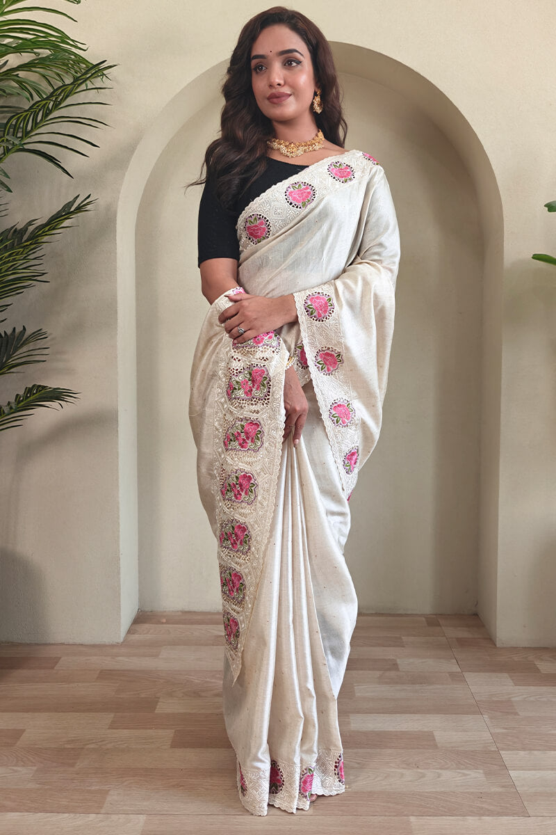 Surpassing Off White Embroidery Work Tussar Silk Saree With Dissemble Blouse Piece