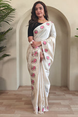 Surpassing Off White Embroidery Work Tussar Silk Saree With Dissemble Blouse Piece