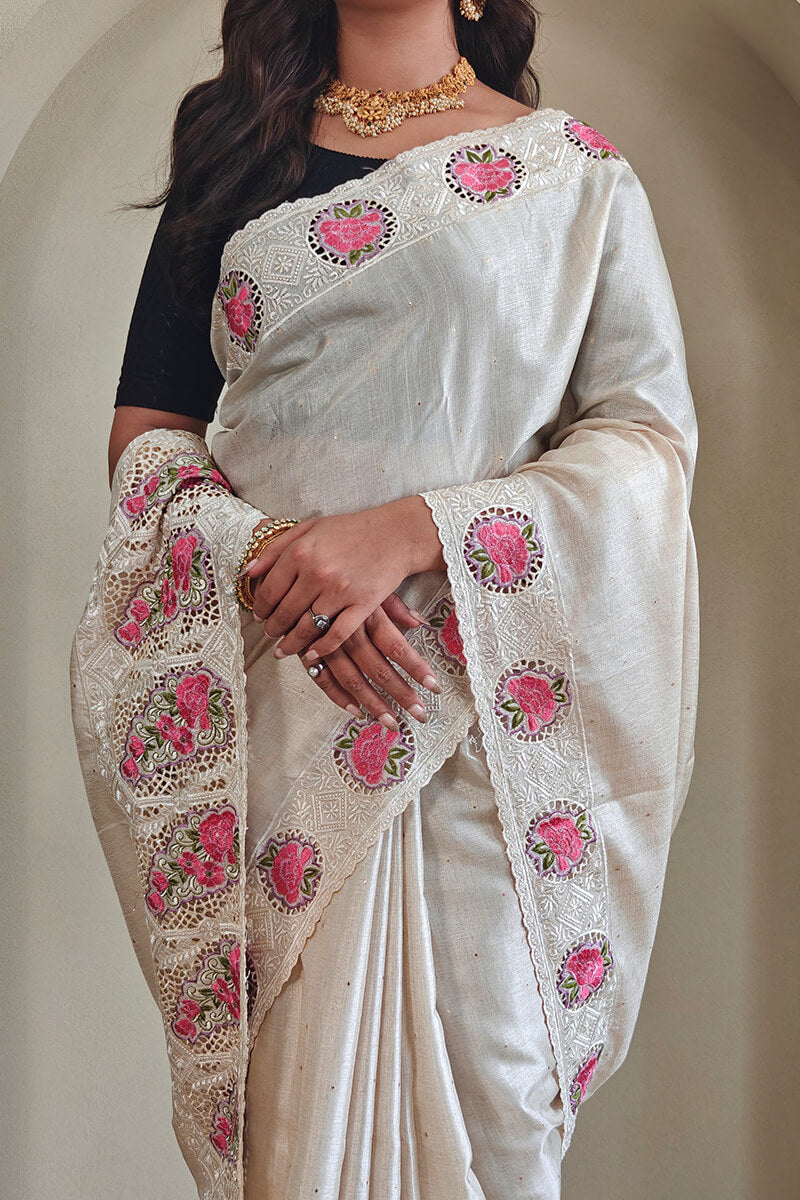 Surpassing Off White Embroidery Work Tussar Silk Saree With Dissemble Blouse Piece