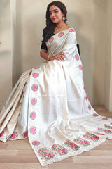 Surpassing Off White Embroidery Work Tussar Silk Saree With Dissemble Blouse Piece