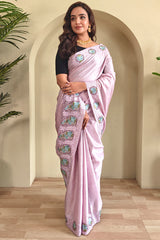 Exquisite Pink Embroidery Work Tussar Silk Saree With Profuse Blouse Piece
