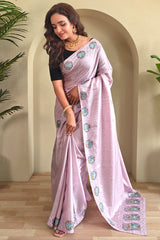 Exquisite Pink Embroidery Work Tussar Silk Saree With Profuse Blouse Piece