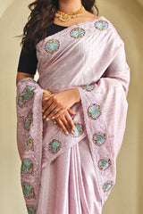 Exquisite Pink Embroidery Work Tussar Silk Saree With Profuse Blouse Piece