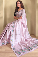 Exquisite Pink Embroidery Work Tussar Silk Saree With Profuse Blouse Piece