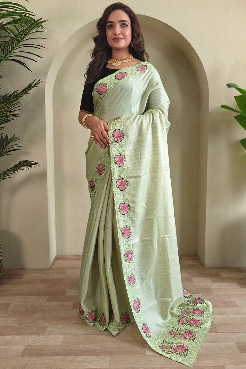 Flaunt Pista Embroidery Work Tussar Silk Saree With Demure Blouse Piece