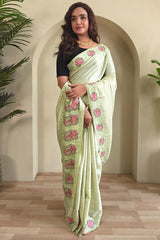 Flaunt Pista Embroidery Work Tussar Silk Saree With Demure Blouse Piece