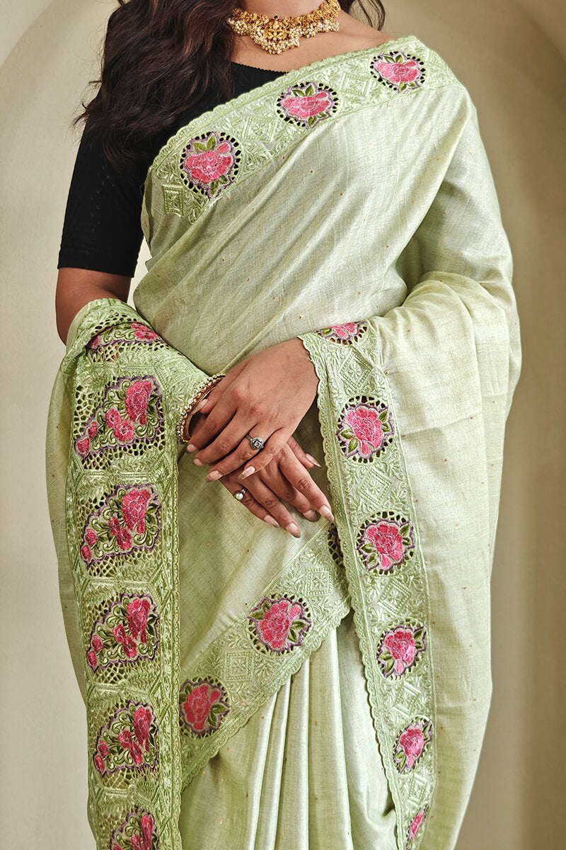Flaunt Pista Embroidery Work Tussar Silk Saree With Demure Blouse Piece