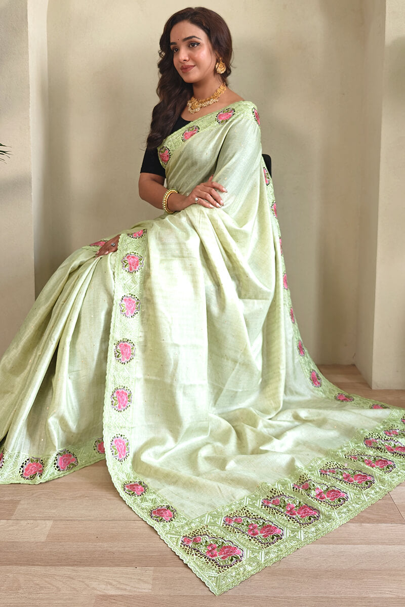 Flaunt Pista Embroidery Work Tussar Silk Saree With Demure Blouse Piece