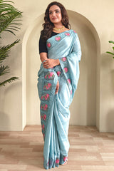 Snazzy Sky Embroidery Work Tussar Silk Saree With Preferable Blouse Piece