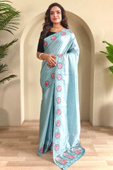 Snazzy Sky Embroidery Work Tussar Silk Saree With Preferable Blouse Piece