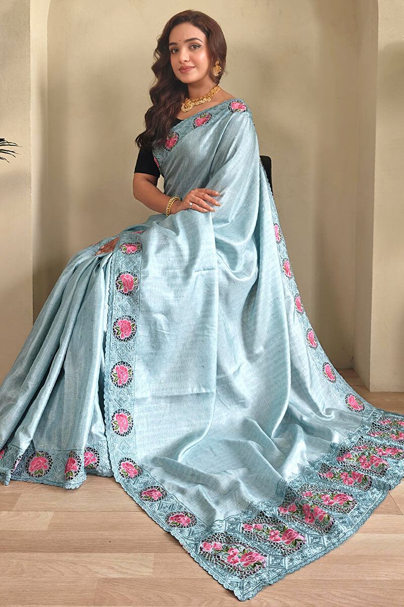 Snazzy Sky Embroidery Work Tussar Silk Saree With Preferable Blouse Piece