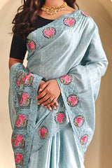 Snazzy Sky Embroidery Work Tussar Silk Saree With Preferable Blouse Piece
