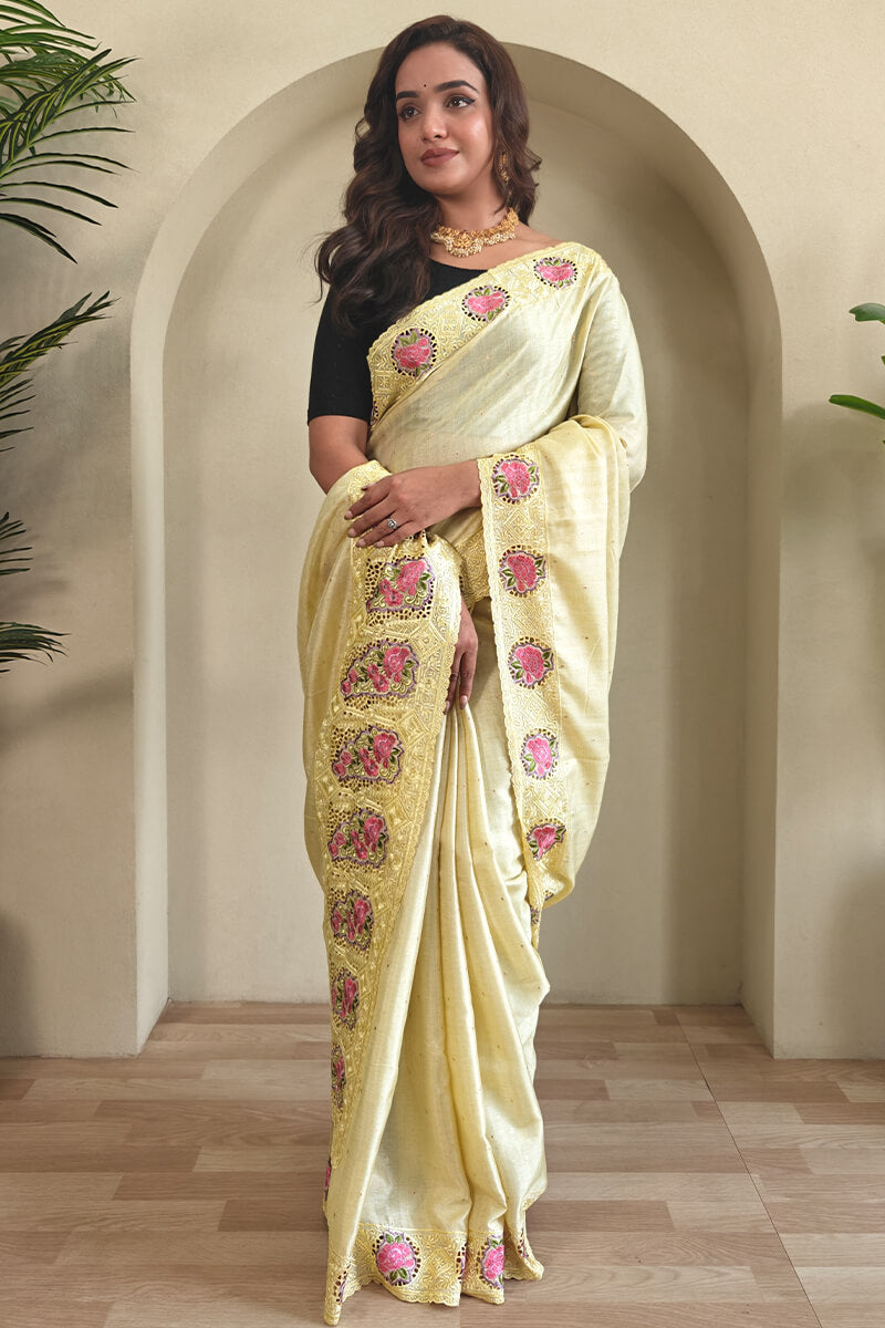Tremendous Yellow Embroidery Work Tussar Silk Saree With Stylish Blouse Piece