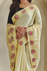 Tremendous Yellow Embroidery Work Tussar Silk Saree With Stylish Blouse Piece