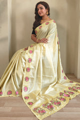 Tremendous Yellow Embroidery Work Tussar Silk Saree With Stylish Blouse Piece