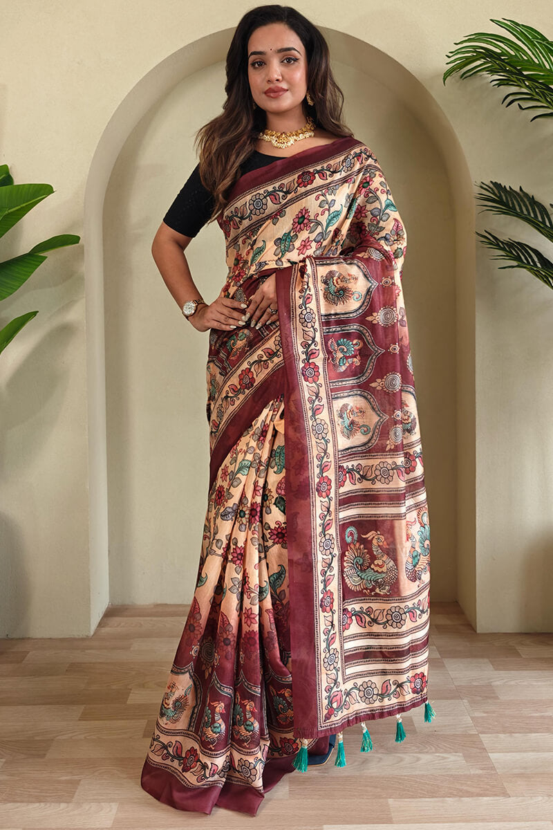 Eloquence Beige Kalamkari Printed Saree With Palimpsest Blouse Piece