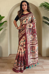 Eloquence Beige Kalamkari Printed Saree With Palimpsest Blouse Piece