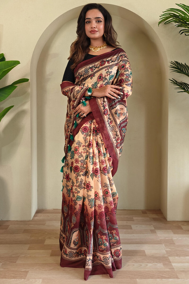 Eloquence Beige Kalamkari Printed Saree With Palimpsest Blouse Piece