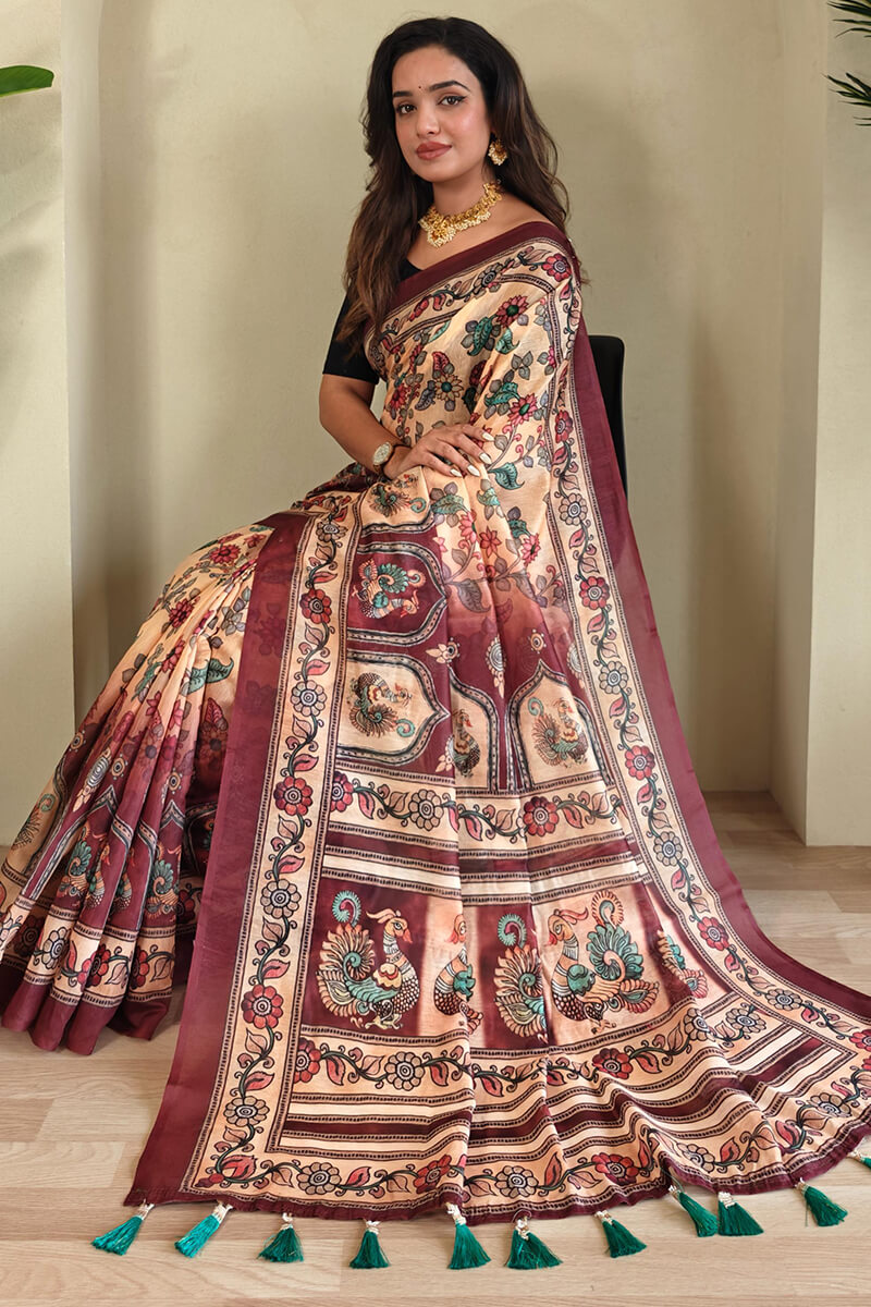Eloquence Beige Kalamkari Printed Saree With Palimpsest Blouse Piece