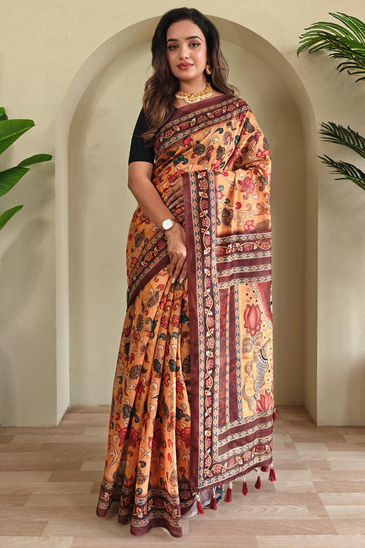 Magnetic Mustard Kalamkari Printed Saree With Snappy Blouse Piece