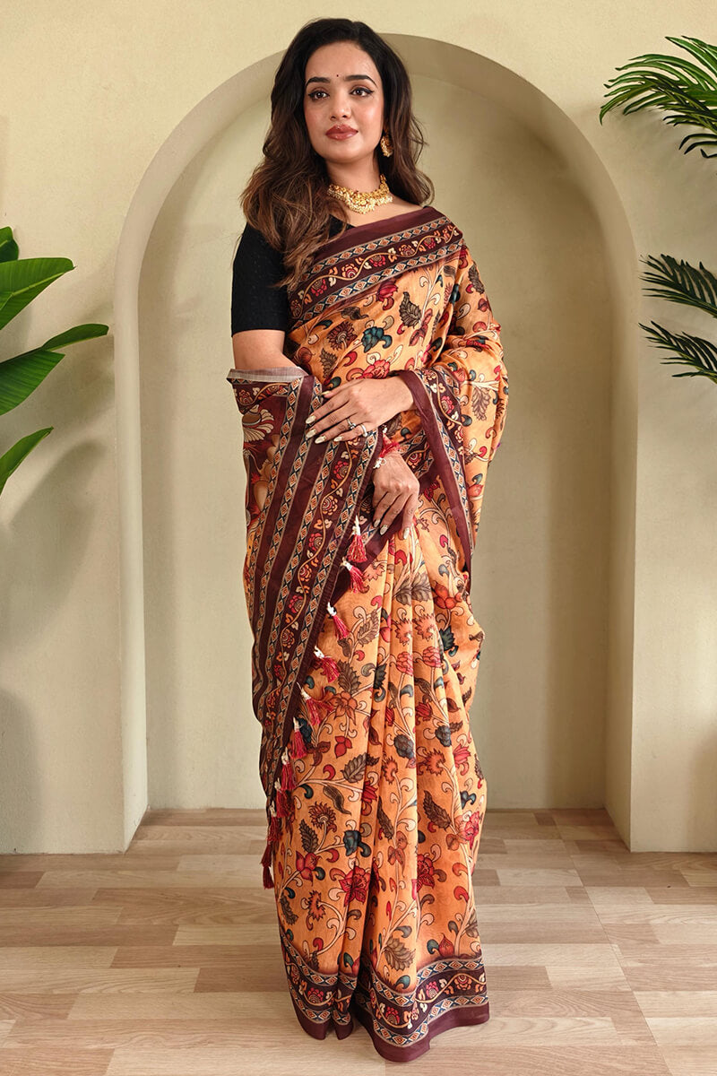 Magnetic Mustard Kalamkari Printed Saree With Snappy Blouse Piece