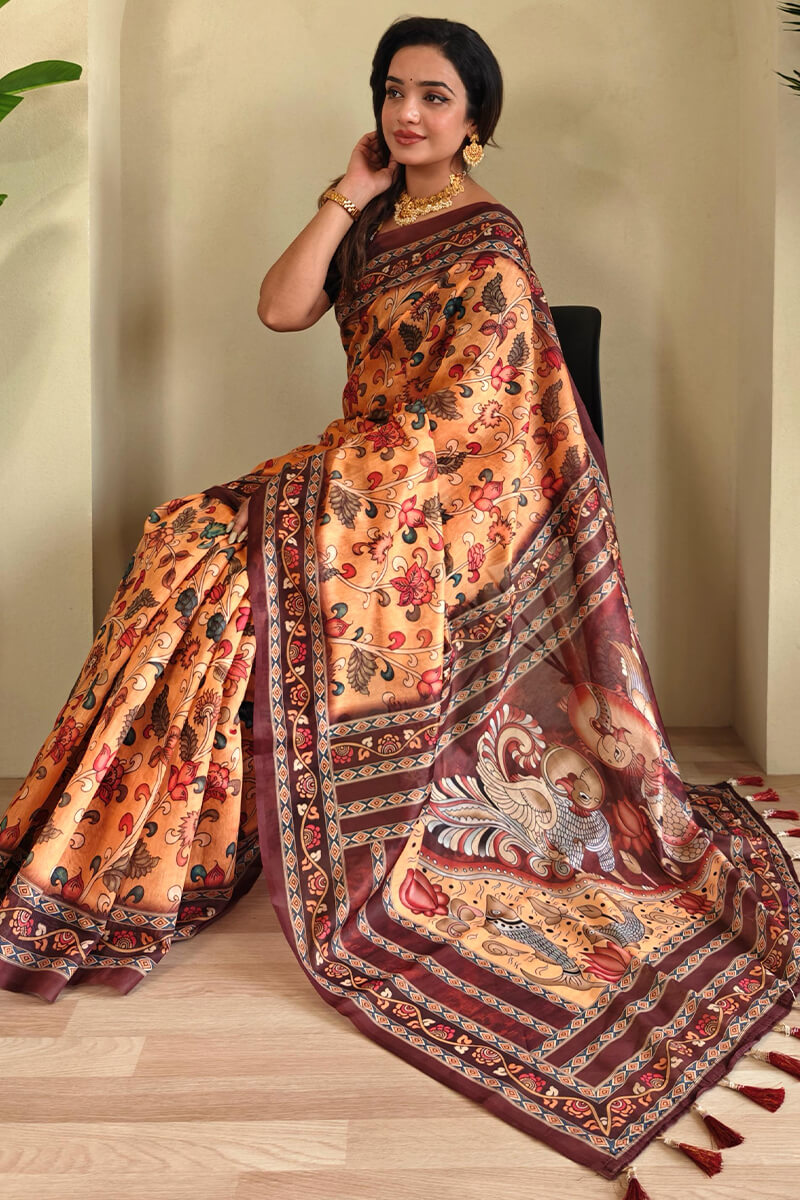 Magnetic Mustard Kalamkari Printed Saree With Snappy Blouse Piece